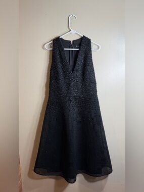 Aidan Mattox Vampy Black Beaded Mesh Fit Flare Midi Dress Dark Feminine Sz 10